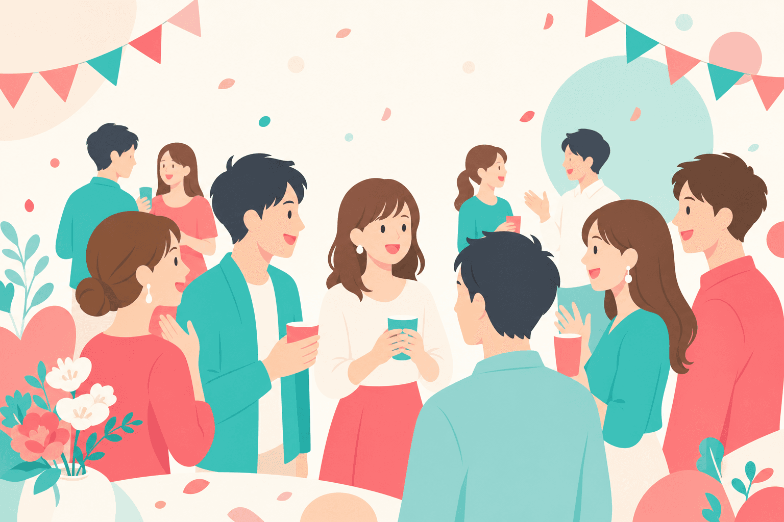 20代・30代の参加者同士が楽しく交流しているイラスト