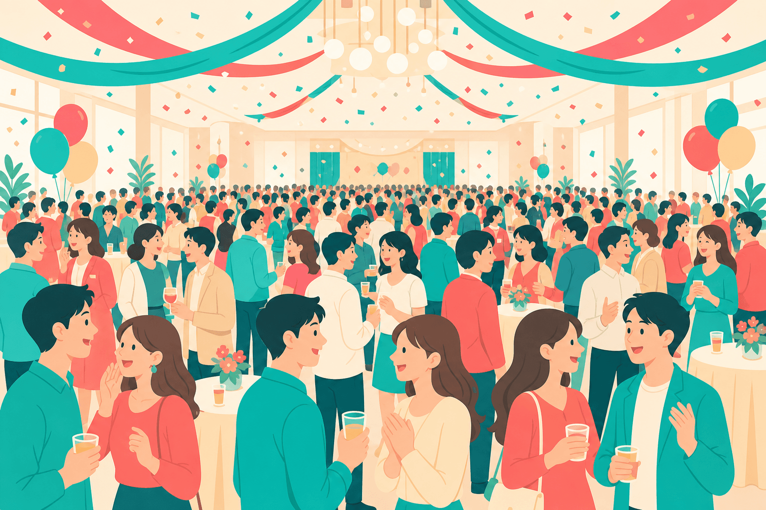 大型会場で多くの参加者が集まるフェスのイラスト
