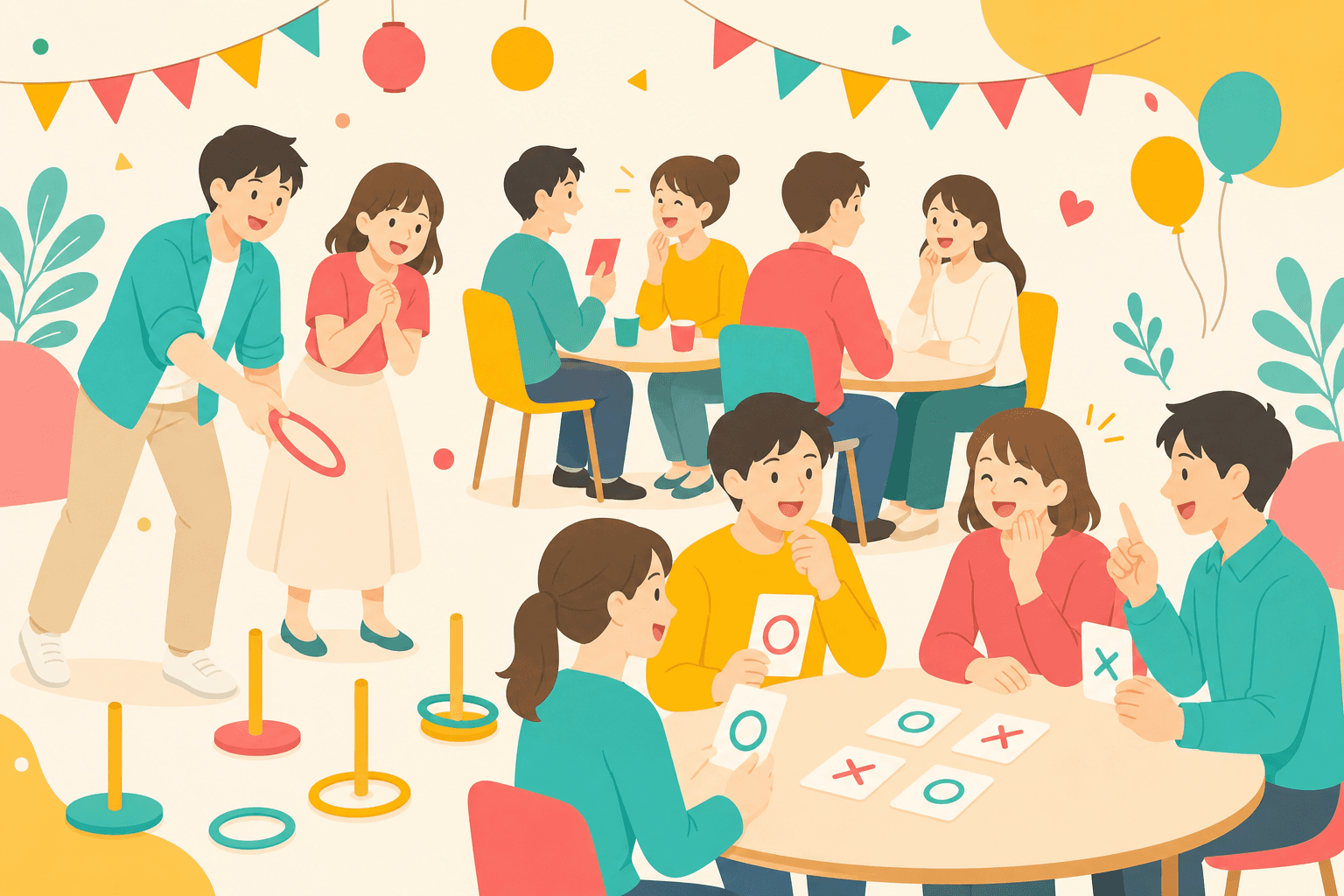 ゲームやレクリエーションを楽しむ参加者のイラスト